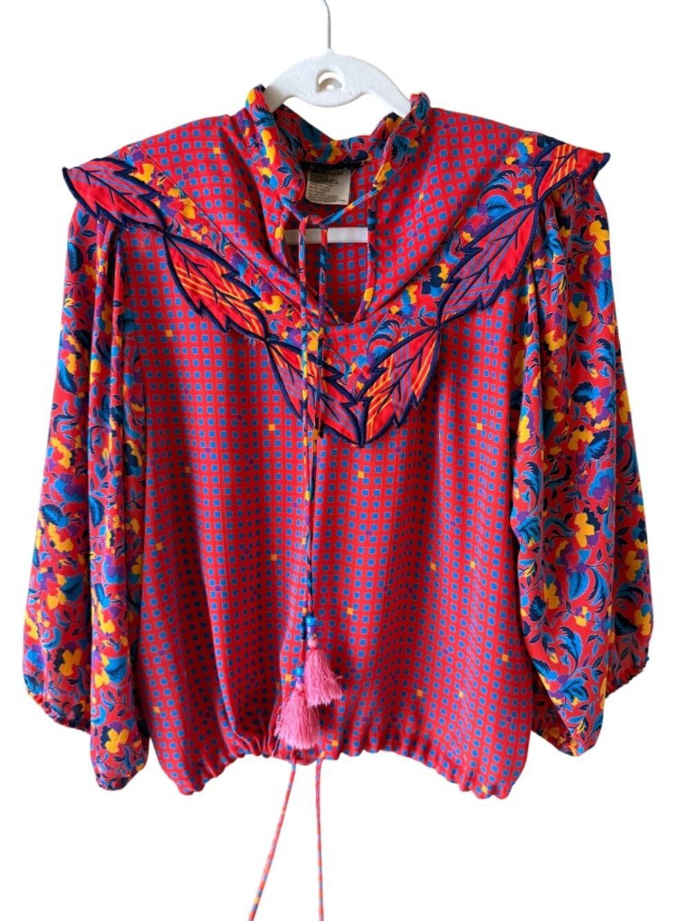 Diane Freis Womens Beaded Tassel Blouse Size Small Red Polyester Vintage Boho